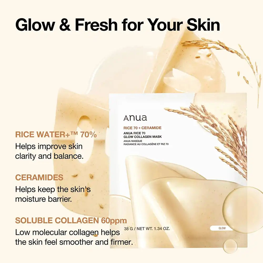 Anua Rice 70 Glow Collagen Hydrogel Sheet Mask 1pc