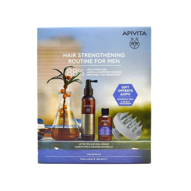 Apivita Hair Strengthening Lotion For Men With Free Tonic Shampoo & Scalp Massager