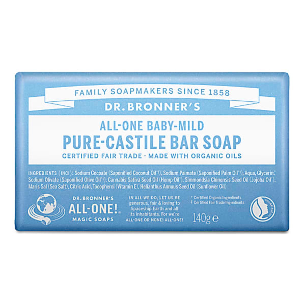 Dr. Bronner's Baby Unscented Pure Castile Bar Soap 140g