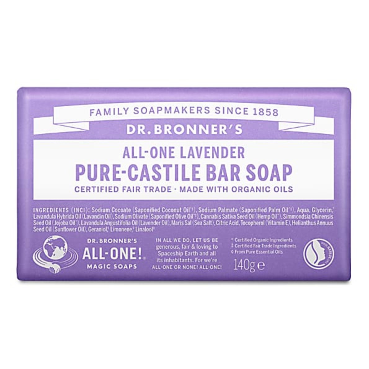Dr. Bronner's Lavender Pure Castile Soap Bar 140g