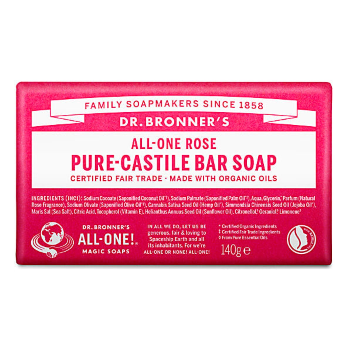 Dr. Bronner's Rose Pure Castile Soap Bar 140g