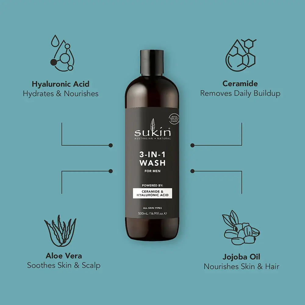 Sukin For Men 3in1 Wash Hydrates Face, Hair & Body 500ml