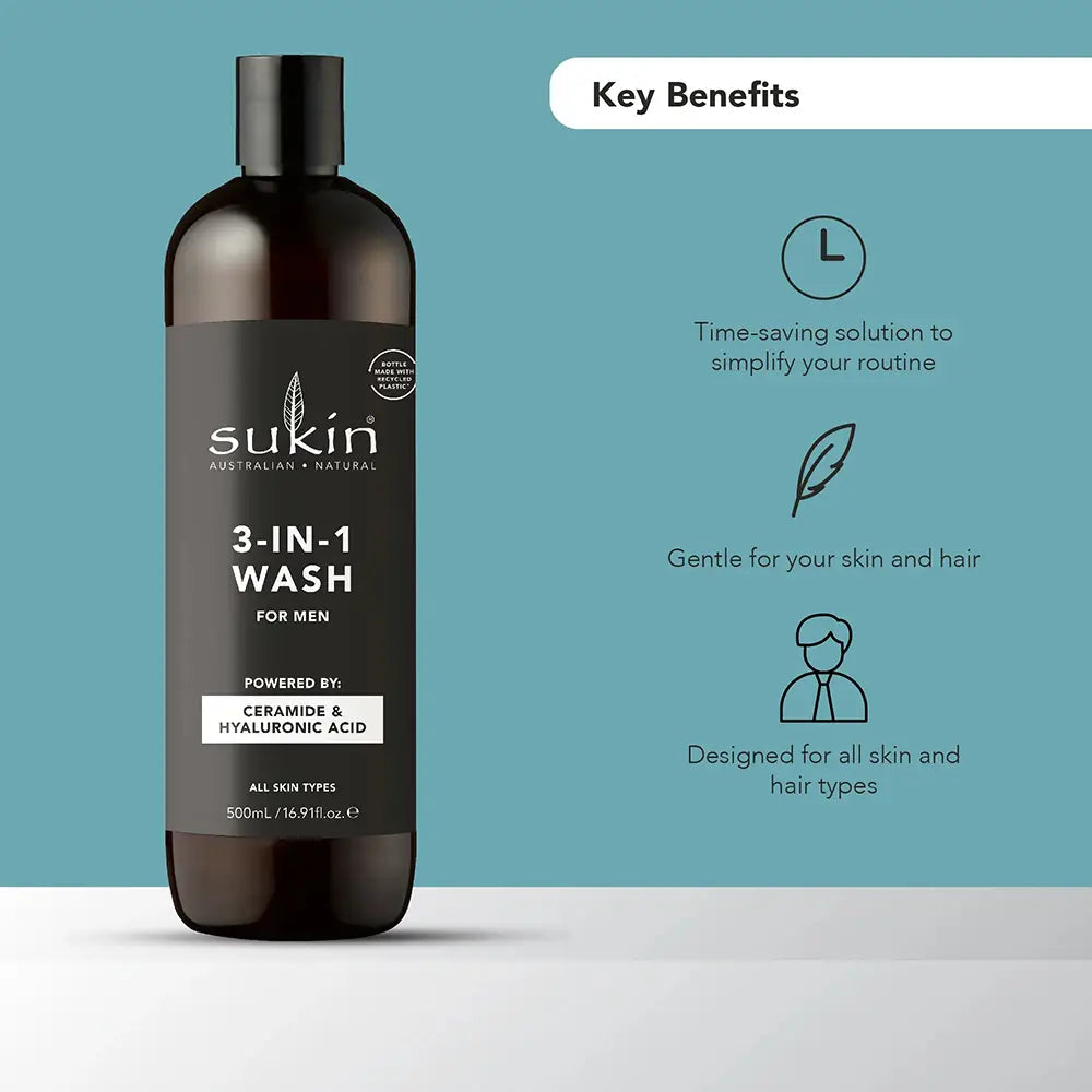 Sukin For Men 3in1 Wash Hydrates Face, Hair & Body 500ml