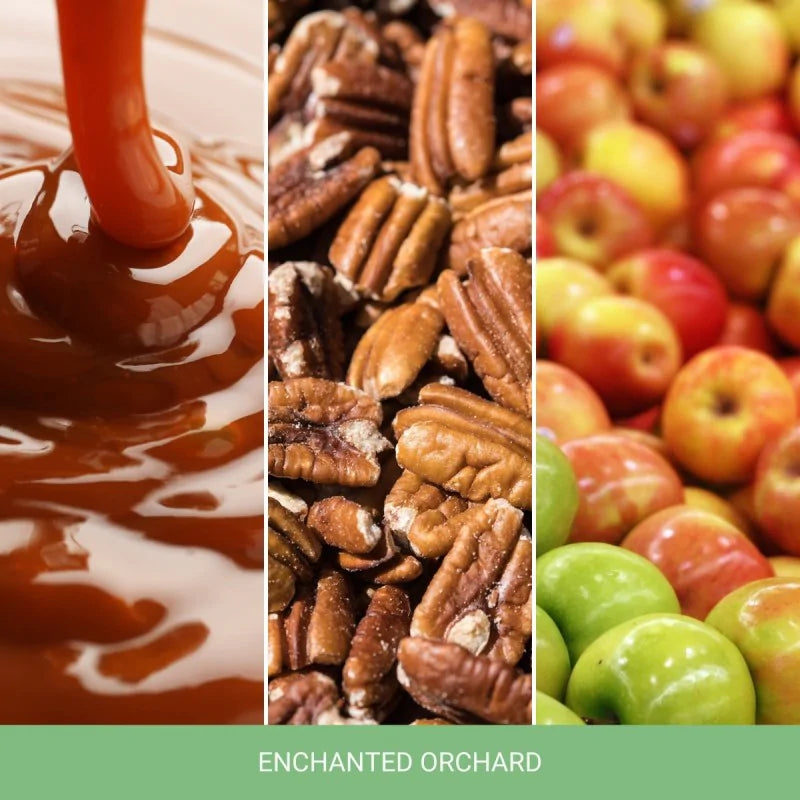 Collage of caramel, pecans, and apples with 'Enchanted Orchard' branding.