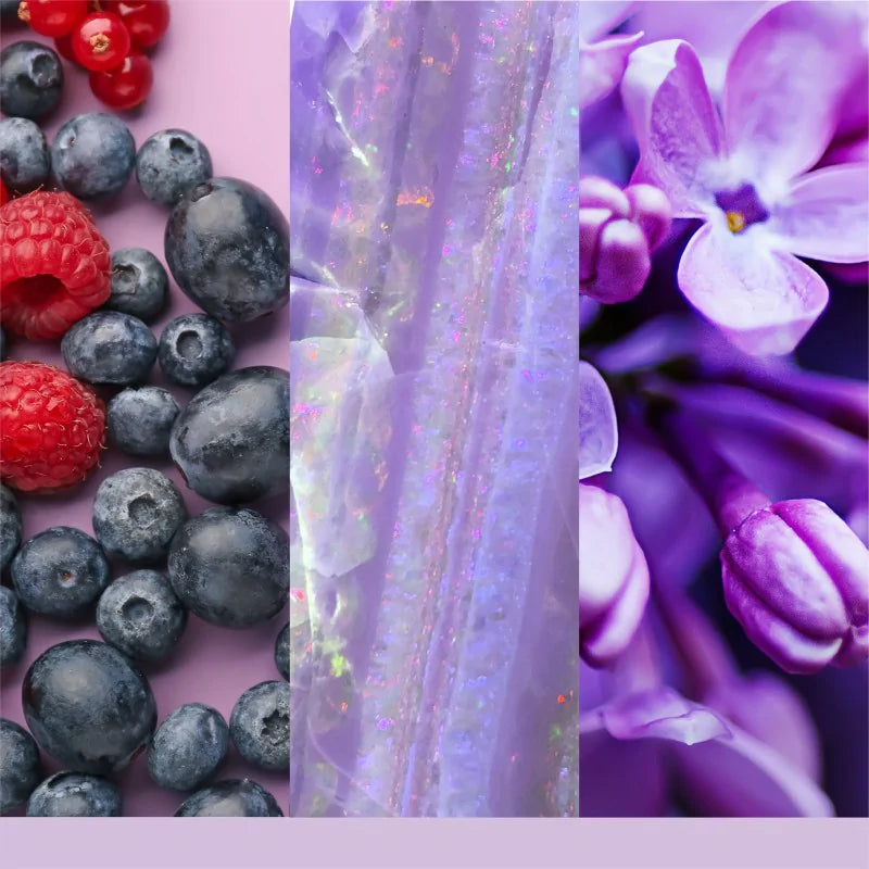 Collage of blueberries, raspberries, iridescent fabric, and purple flowers on a pink background.